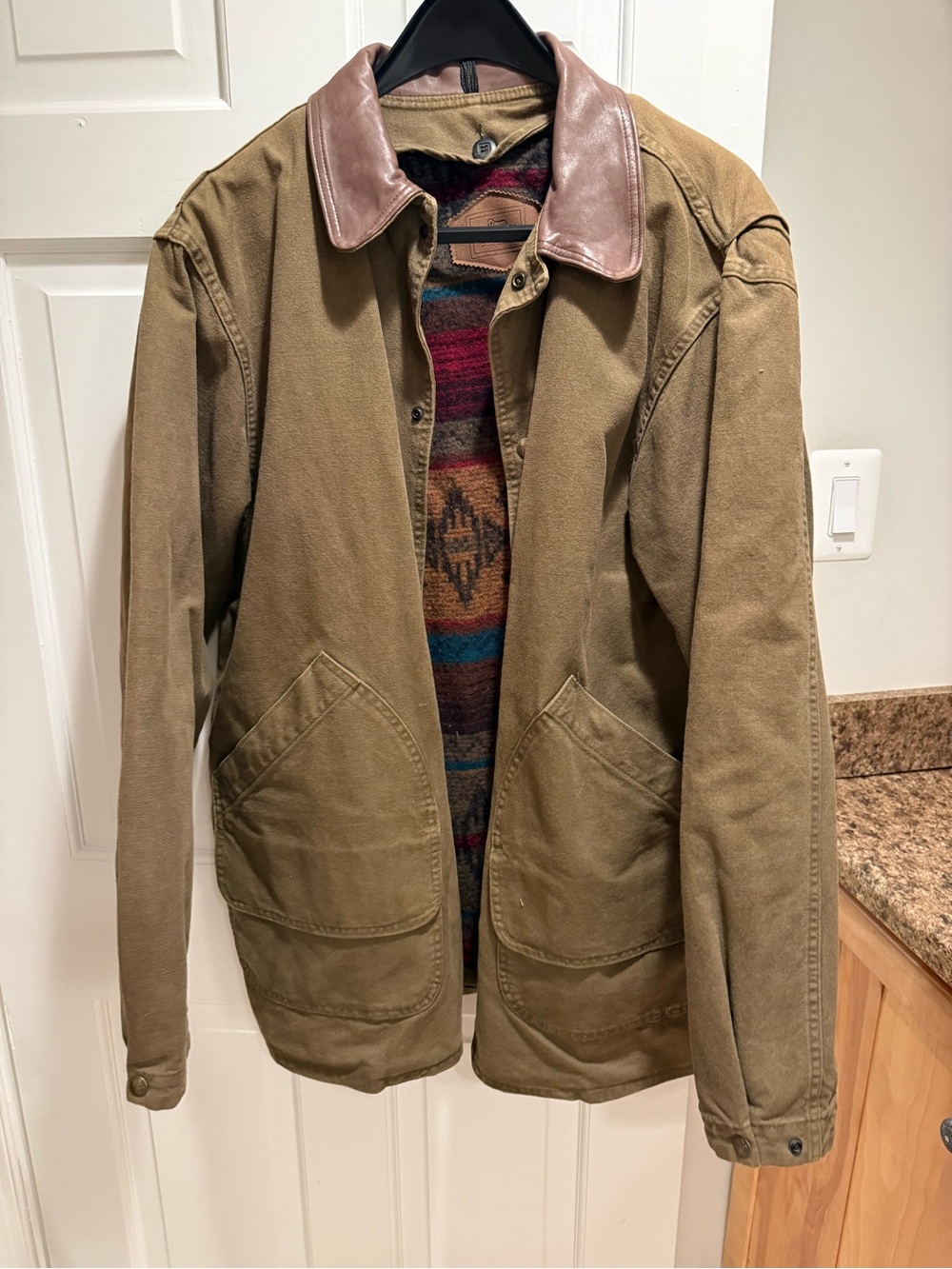 Woolrich Men's Tan Canvas Jacket with Leather Collar